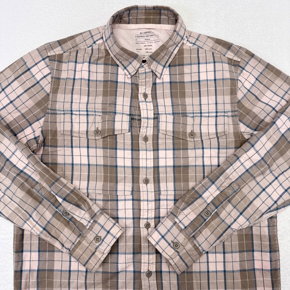 REI Shirt Womens Size Medium Pink Biege Plaid Button Up Hiking Outdoors Camping